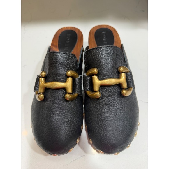 Boden Shoes - Boden Black Leather Iris Clogs Wooden Platform Studded Brass Mules Spain Size 38